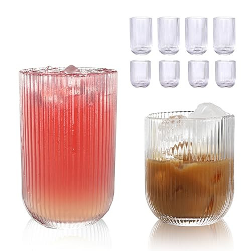 WeirdUncle Set of 8 Ribbed Glassware,4 Highball Glasses 14oz & 4 Rocks Drinking Glasses 9oz, Clear, Origami Style, Fluted Design, for Milk, Water, Cocktail, Juice, Beer, ToothBrush Cup, Gift | Amazon (US)