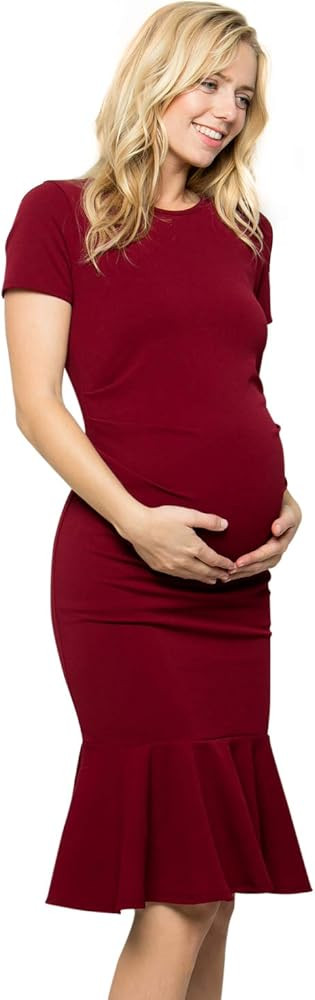 My Bump Maternity Midi Dress - Fitted Stretch Short Sleeves Mermaid Flare Ruffle (Made in USA) | Amazon (US)