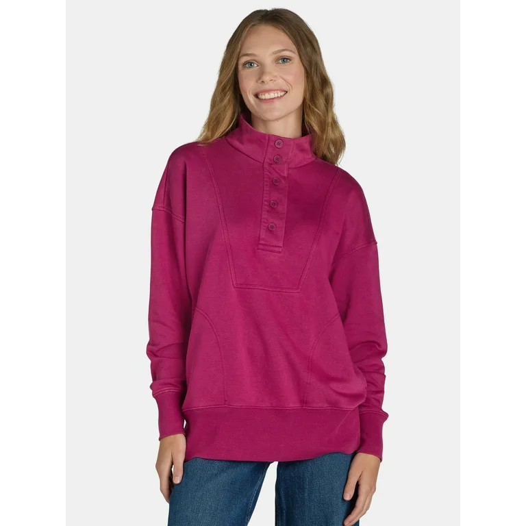 Time and Tru Women's Mock Neck Sweatshirt with Button Placket, Sizes XS-XXXL | Walmart (US)