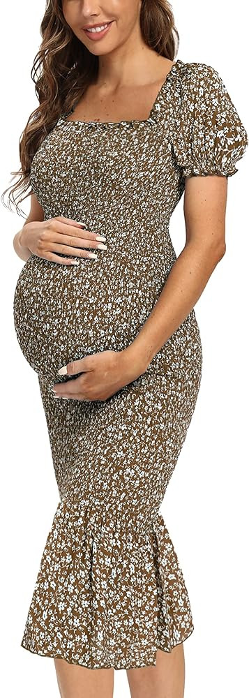 Maternity Summer Floral Midi Bodycon Dresses, Short Puff Sleeve Square Neck Ruffle Hem Mermaid Ba... | Amazon (US)