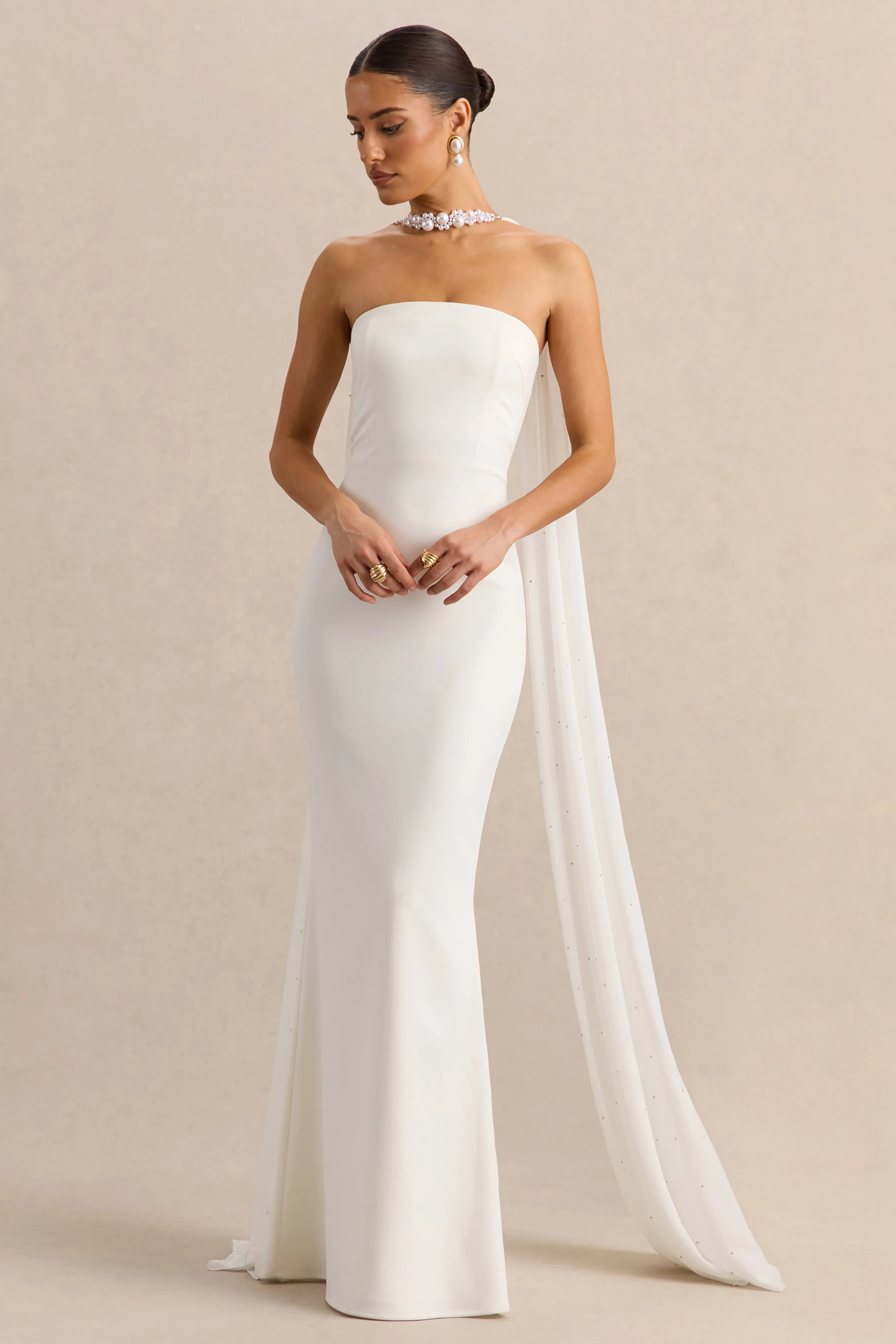 Alina | White Bandeau Maxi-Dress With Cape | Club L London