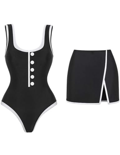 FLAXMAKER Women's One Piece Swimsuit Slimming Tummy Control Bathing Suit Block Adjustable Lace Up Back Swimsuit and Skirt (US, Alpha, Medium, Regular, Regular, Black #3 Swimsuit and Skirt) | Amazon (US)