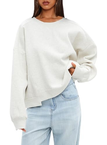 Darong Women Oversized Sweatshirts Crewneck Hoodies Long Sleeve Pullover Top Cropped Fall Fashion Teen Girls Preppy Clothes 9077 White Grey S | Amazon (US)