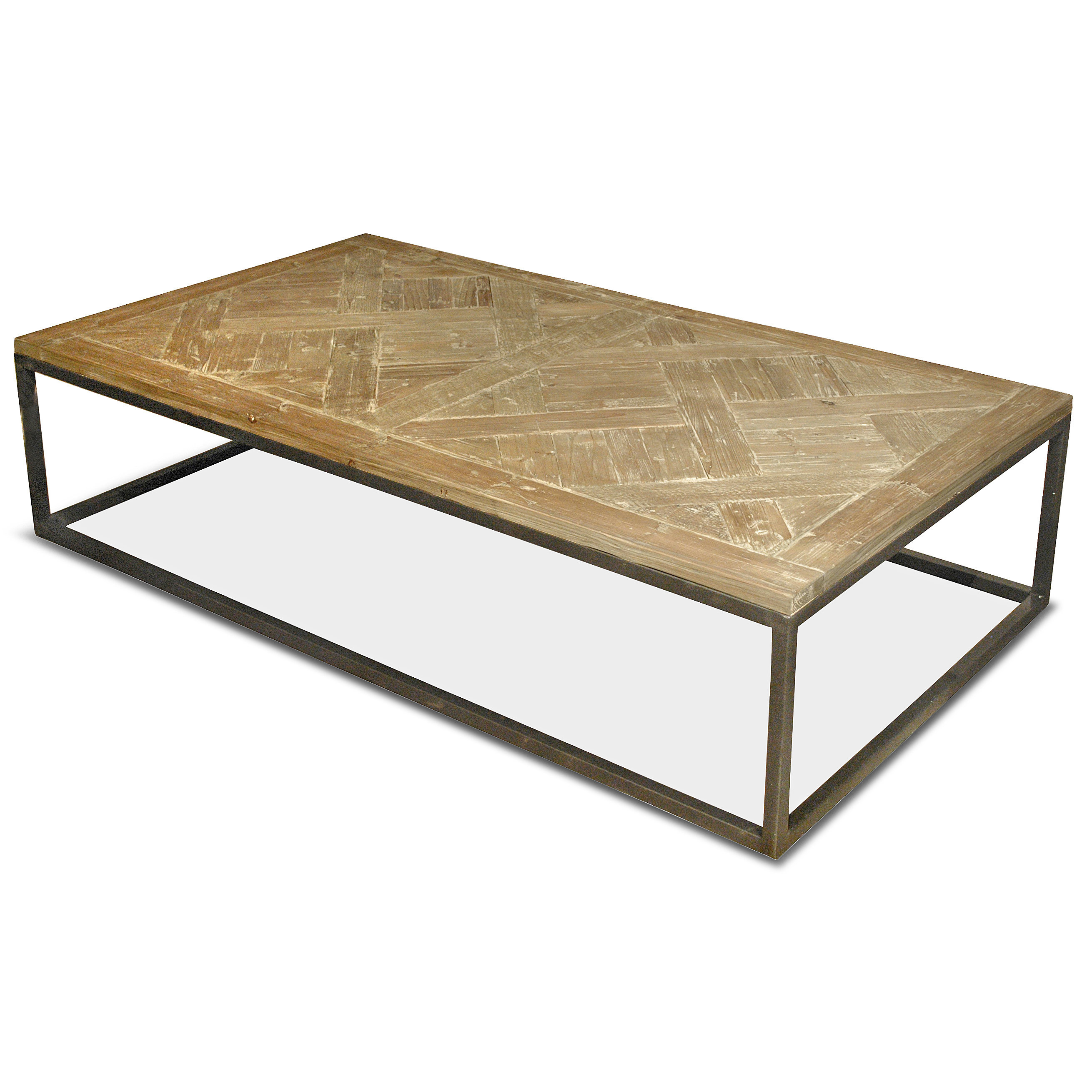 Stevenson Rustic Lodge White Wash Reclaimed Pine Metal Rectangular Coffee Table | Kathy Kuo Home