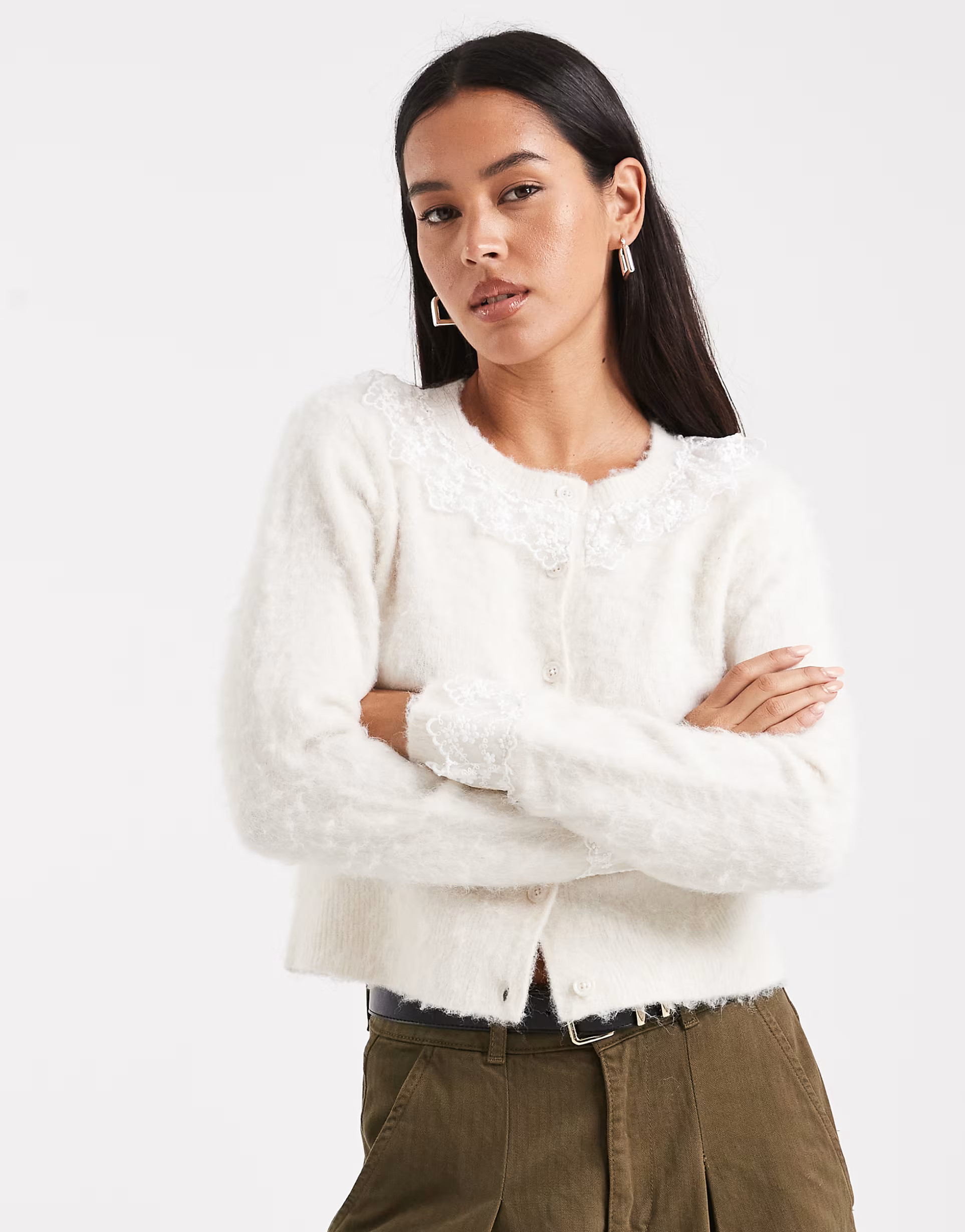 Miss Selfridge lace detail cardigan co-ord in cream | ASOS (Global)