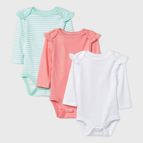 Baby Girls' 3pk Long Sleeve Basic Bodysuit - Cloud Island™ White/Coral/Green | Target