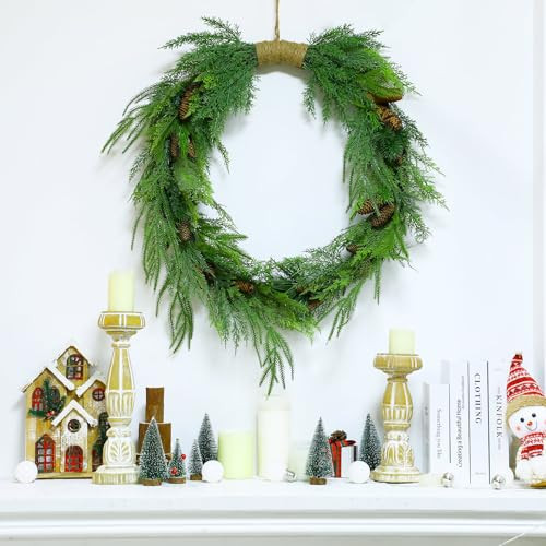 Hotop 31 x 37 Inch Artificial Christmas Wreath with Pine Pinecones Jute Hanger Front Door Pine Cone Wreath Faux Pine Garland Green Hanging Wreath for Xmas Winter Holiday Party Window Wall Decor | Amazon (US)