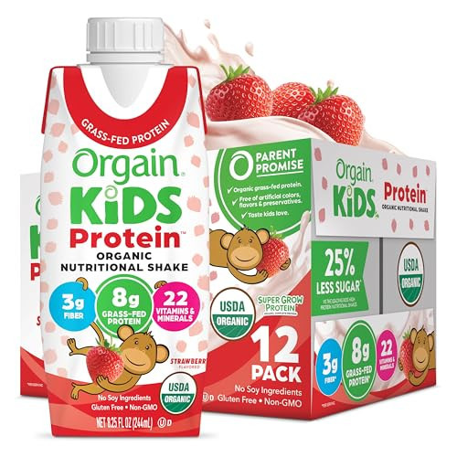 Orgain Organic Kids Protein Nutritional Shake, Strawberry - 8g of Protein, 22 Vitamins & Minerals, Fruits & Vegetables, Gluten Free, Soy Free, Kosher, Non-GMO, 8.25 Ounce (Pack of 12) | Amazon (US)
