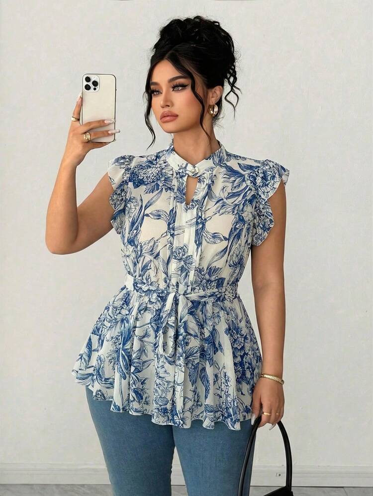Elenzga Plus Size Women's Blouse, Ruffled Chiffon Blouse With Puff Sleeves, Elegant Military Blue Blouse, Suitable For Back To School, Graduation, Valentine's Day, Music Festival, Mother's Day, Halloween, Thanksgiving, Easter, National Day, Gala, Date, Party, Wedding, Outdoor Activities Premium Tops For Women Trending Tops For Women Blouse For Women Casual Modern Latest Tops For Women New Arrivals Printed Tops For Women | SHEIN USA | SHEIN