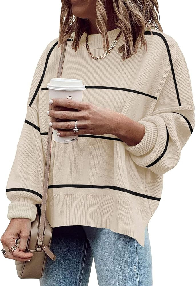 Women's Oversized Crewneck Sweaters Batwing Long Sleeve Side Slit Ribbed Knit Pullover Sweater To... | Amazon (US)