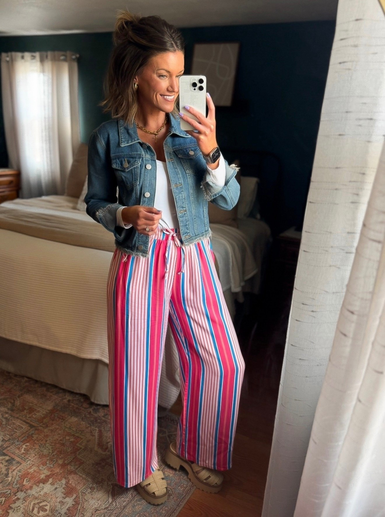 Fun printed pants from Amazon. Wearing medium in pants. Small in jean jacket. 

#LTKStyleTip #LTKSeasonal