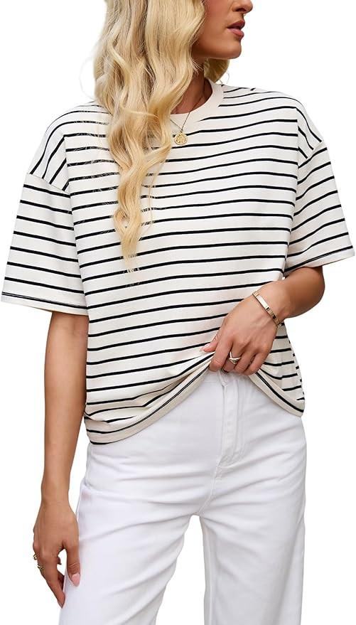 Allimy Women's Vintage Boxy Cropped Tee Short Sleeve Striped T Shirt Loose Fit Tops Casual Summer... | Amazon (US)