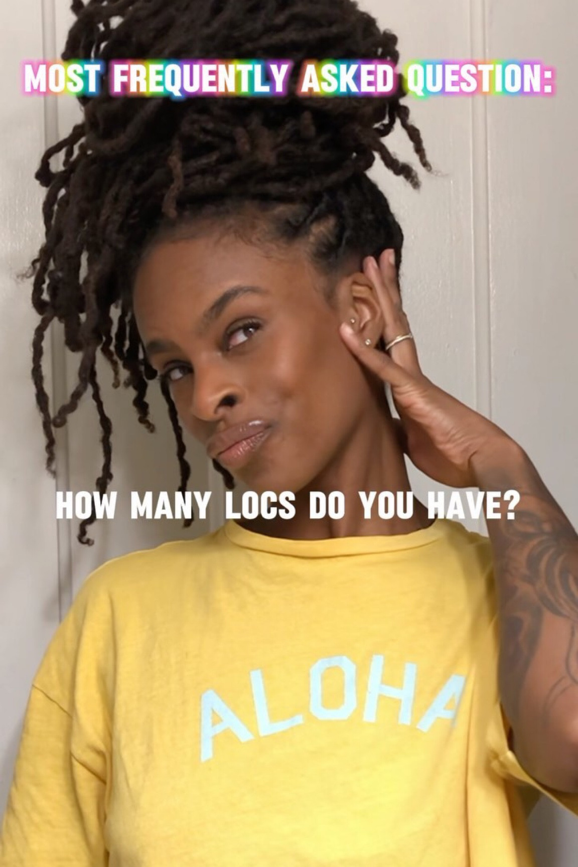 Y’all want me to count my locs sooo bad and I’m just not having it 🙅🏾‍♀️

Again, I have been locd for over 12 years now and my locs have changed sooo much since then. I don’t even know how many I started with tbh. After having an undercut at one point, postpartum shedding TWICE, and just randomly combining some of my locs because I wanted to, it is for sure not the same number…

If I had to guess how many locs I have I would say definitely over 100 maybe ?!🤔😂 lmao 

How many locs do you think I have?

And if you have any other questions drop them in the comments ⬇️👇🏾 

Loc Frequently Asked Questions 
#locfaqs #loctalks #loctalk #locdin #locgworl #aloha #mahalo #trillville #nevaeva #getonmylevel #messybun #messylocbun #loctut #loctutorial #locjourney #tempcori #reallocs #locog #locmodels #locdmodel #teamlocs #part2 #starterlocs #longlocs #longlocstyles #yellowtee #showerbun