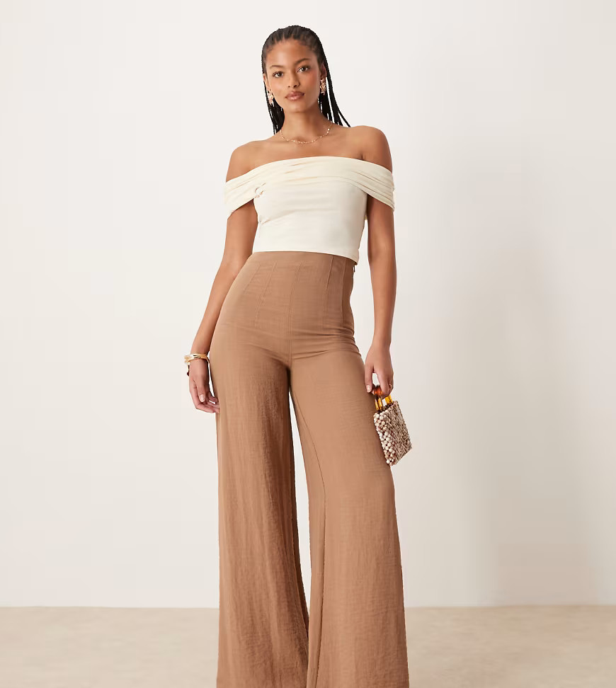ASOS DESIGN Tall crinkle linen blend high waisted corset waist trousers in taupe-Brown | ASOS (Global)