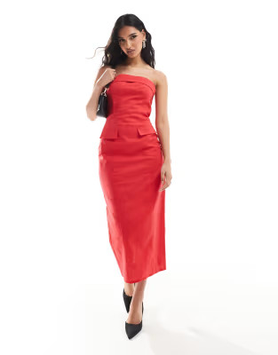 Kaiia linen mix tailored fold over bandeau pocket detail maxi dress in red | ASOS (Global)