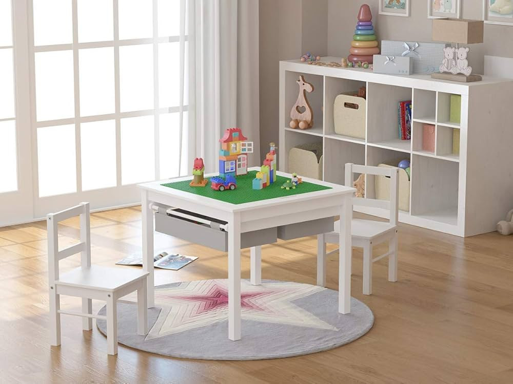 UTEX Wooden 2 in 1 Kids Construction Play Table and 2 Chairs Set with Storage Drawers, and Built ... | Amazon (US)