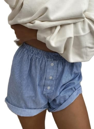 Aonoapll Women Y2k Striped Pajama Shorts Elastic Waist Button Front Lounge Shorts Stripe Printed Pj Bottoms Sleepwear(Cc Stripe Blue,Large) | Amazon (US)