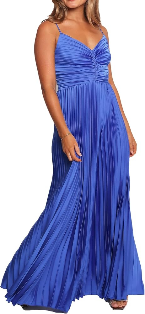 LASPIA Women's Pleated Dress Formal Adjustable Spaghetti Strap Maxi Solid Bridesmaid Evening Part... | Amazon (US)