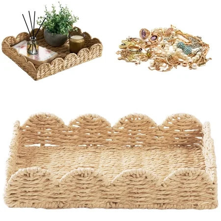 Large Woven Water Hyacinth Decorative Tray with Scalloped Edge, Natural Boho Farmhouse Coffee Table Organizer Tray for Candles, Vases, Vanity and Home Decor 11.8 in | Walmart (US)