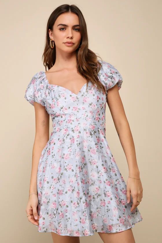 Charmingly Romantic Blue Floral Burnout Puff Sleeve Mini Dress | Lulus