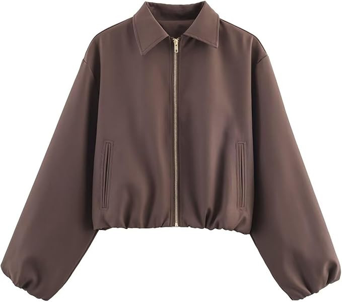 FindThy Women’s Zipper Bomber Jacket Casual Lapel Collar Puffed Long Sleeve Crop Outerwear Coat... | Amazon (US)