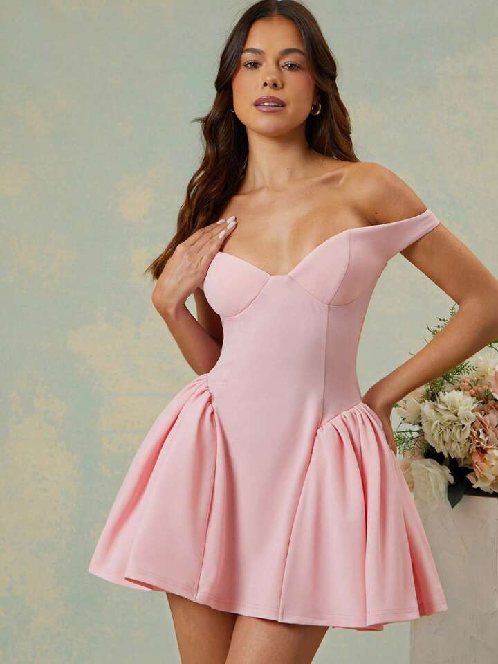 Women's Solid Off Shoulder Ruffle Hem Mini Dress, Fashion Style | SHEIN