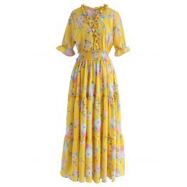 Full Blooming Floral Ruffle Wrapped Dress in Yellow | Chicwish