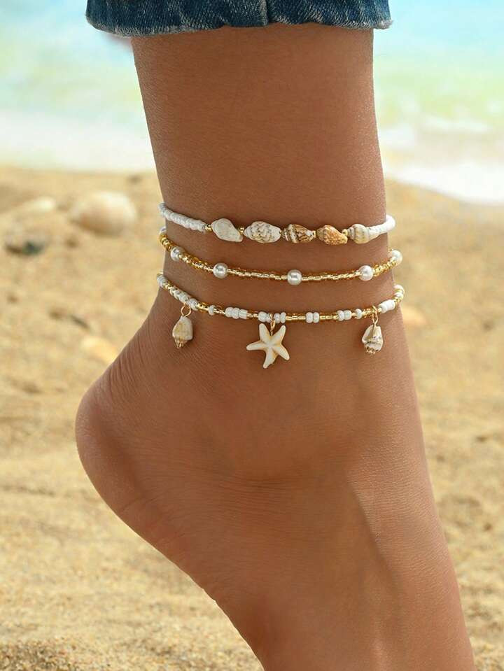 3pcs/Set Women Simple Beaded Sea Shell & Starfish Pendant Anklet, Minimalist Beach Resort Style F... | SHEIN