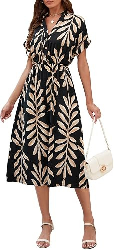 SEAFORM Women's Casual Long Dress V-Neck Retro Floral Print Dresses | Amazon (US)