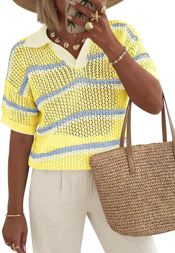 Saodimallsu Womens Crochet Tops Summer Short Sleeve Striped Pullover Sweater Collared Knit Shirts... | Amazon (US)