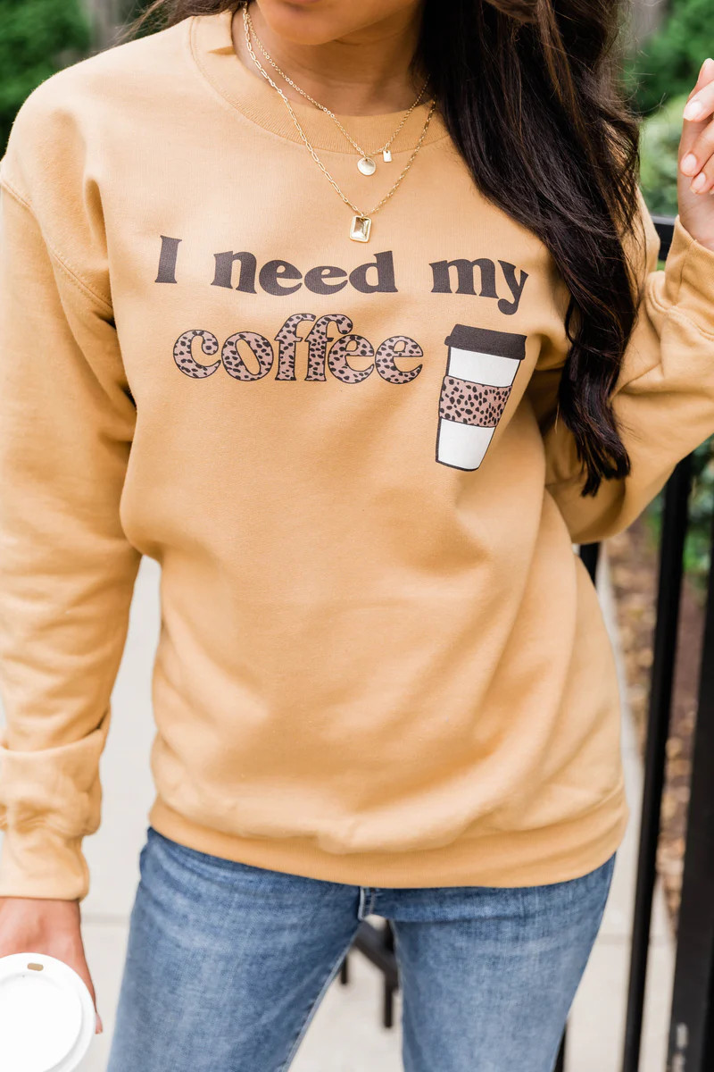I Need My Coffee Graphic Gold Sweatshirt | The Pink Lily Boutique