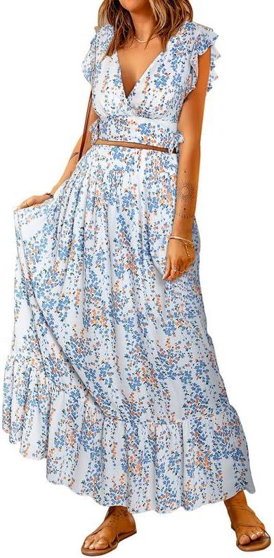 Dokotoo Women's Boho Dress Deep V Neck 2 Piece Skirt Sets Ruffle Cap Sleeve Tie Waist Wrap Chiffo... | Amazon (US)