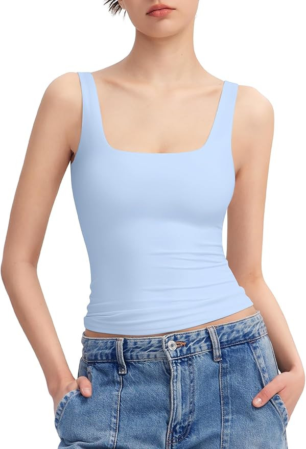 PUMIEY Women's Square Neck Tank Top Sleeveless Double Lined Basic Tops Sharp Collection | Amazon (US)