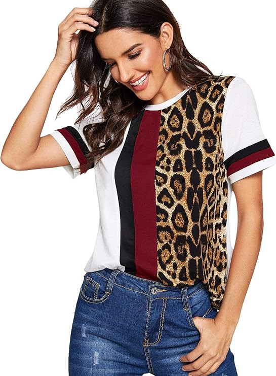 Floerns Women's Casual Leopard Printed Short Sleeve Color Block T Shirts Tops | Amazon (US)