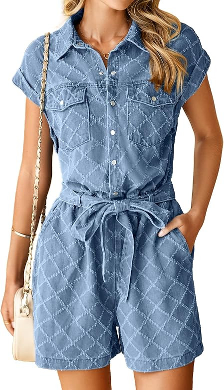 Simplee Womens 2025 Denim Romper Casual Short Sleeve Cargo Jean Romper Overall Shorts With Pocket... | Amazon (US)