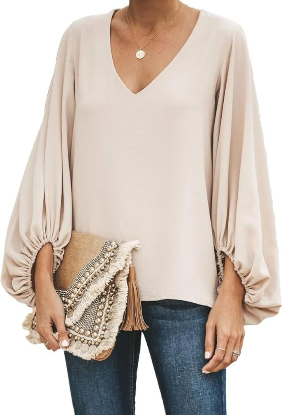 Womens V Neck Chiffon Blouses Casual Balloon Sleeve Floral Print Shirts Tops | Amazon (US)