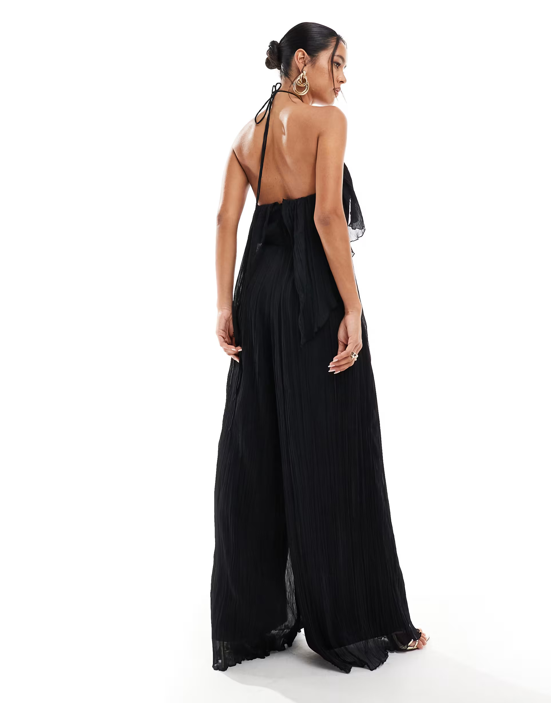 ASOS DESIGN textured halter wide leg jumpsuit with frill detail in black | ASOS | ASOS (Global)