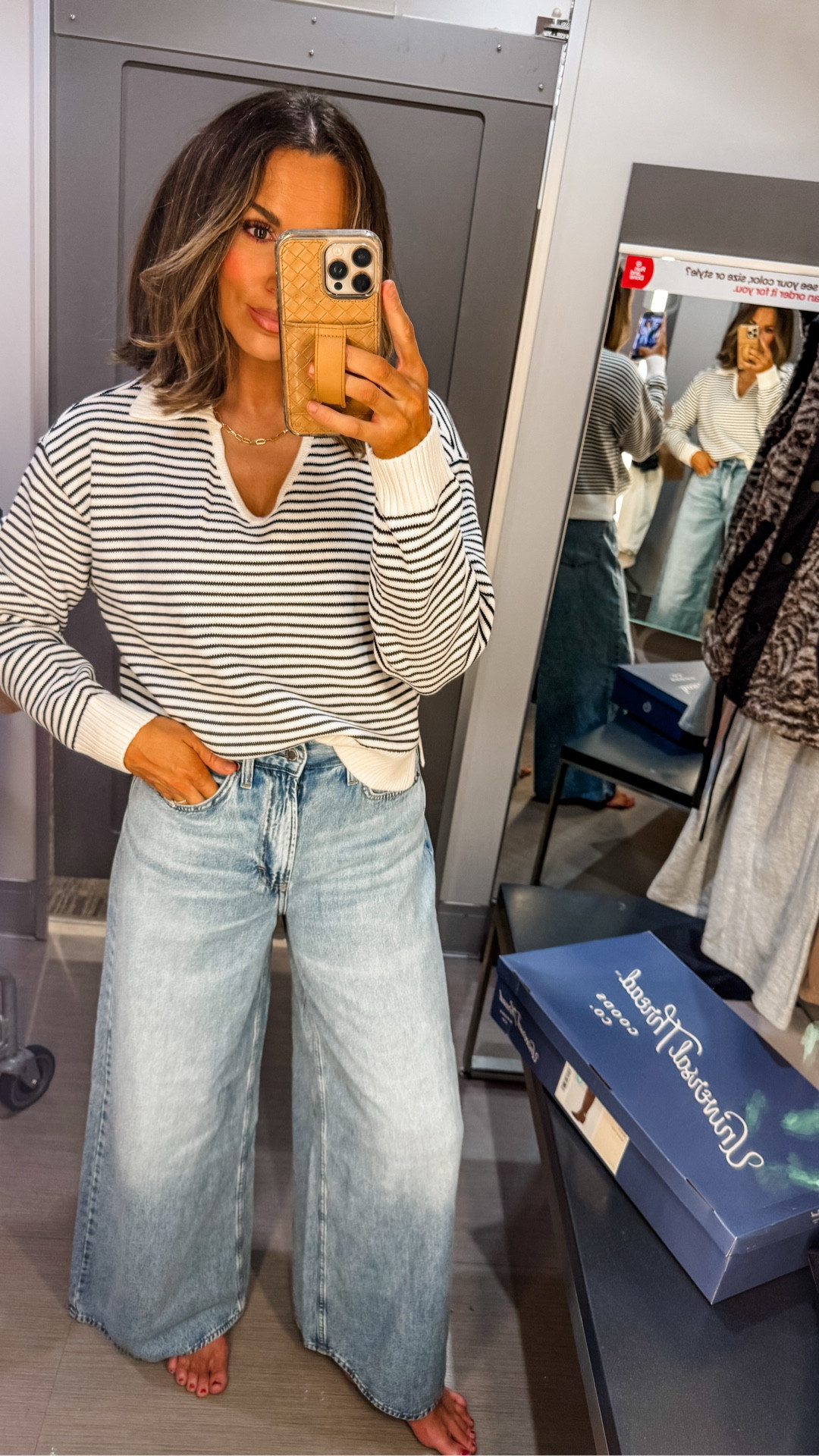 The cutest wide legs jeans at Target! Wearing a 6 and a large in the pullover 

#LTKOver40 #LTKFindsUnder50 #LTKStyleTip