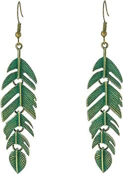 Amazon.com: KaFu Bohemian Feather Pendant Earrings Vintage Green Bronze Metal Light Declaration L... | Amazon (US)