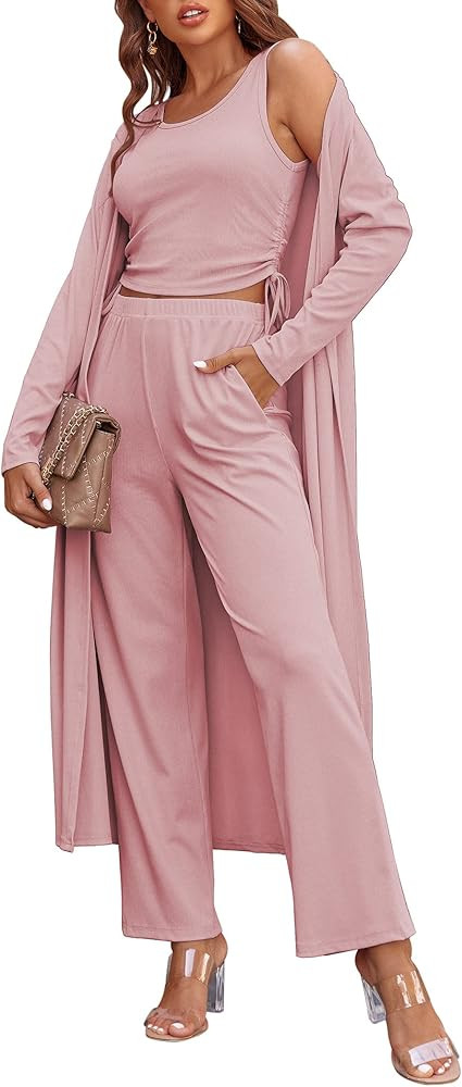 Ekouaer Women's 3 Piece Knit Lounge Set Pajama Long Sleeve Cardigan Sleeveless Top Pants Sweatsui... | Amazon (US)
