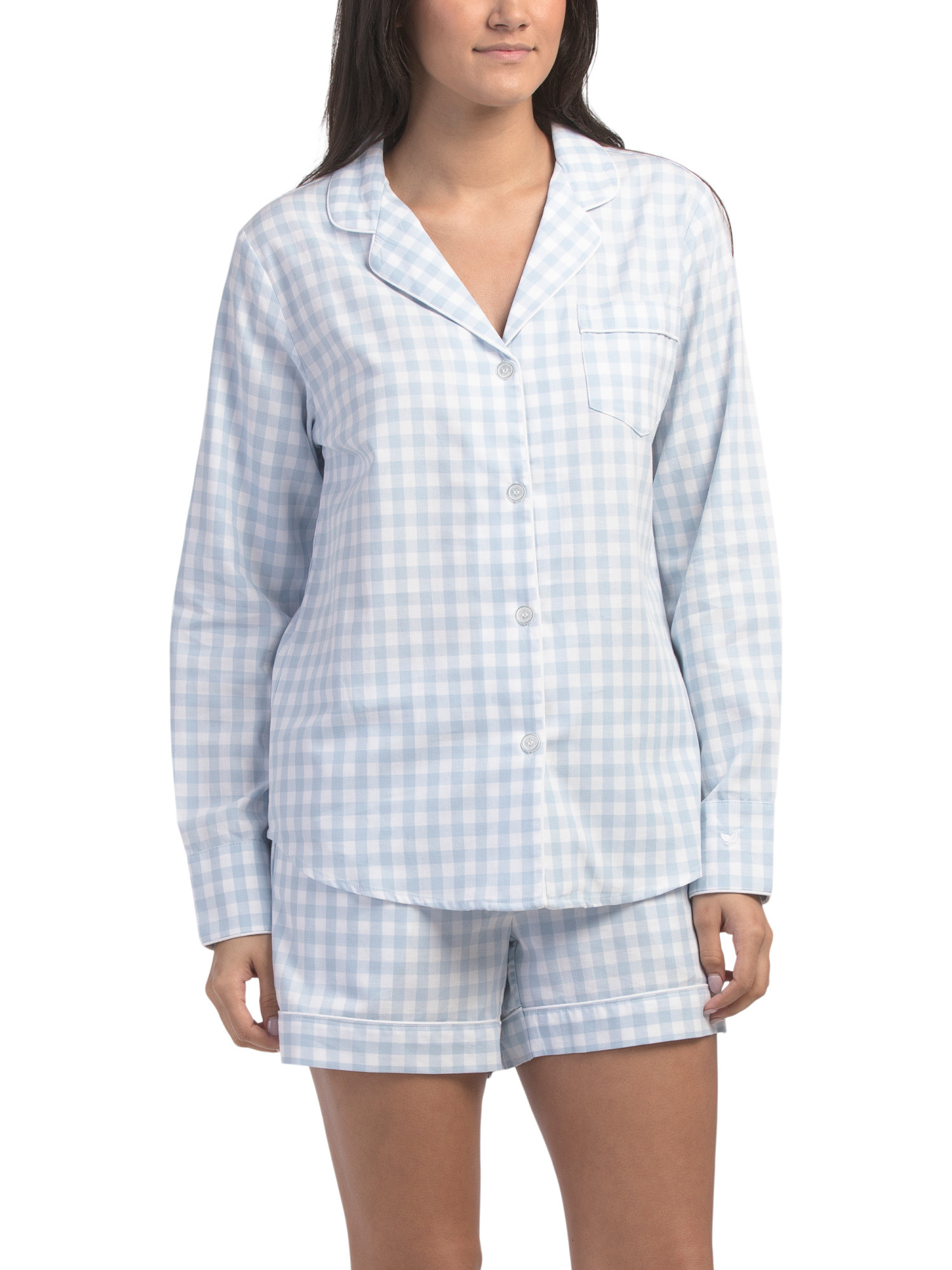 2pc Cotton Gingham Long Sleeve Top And Shorts Pajama Set | TJ Maxx