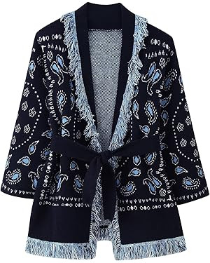 Women's Tassel Shawl Cardigan Sweater Vintage Printed V Neck Tie Waist Wrap Cardigan Fall Loose O... | Amazon (US)