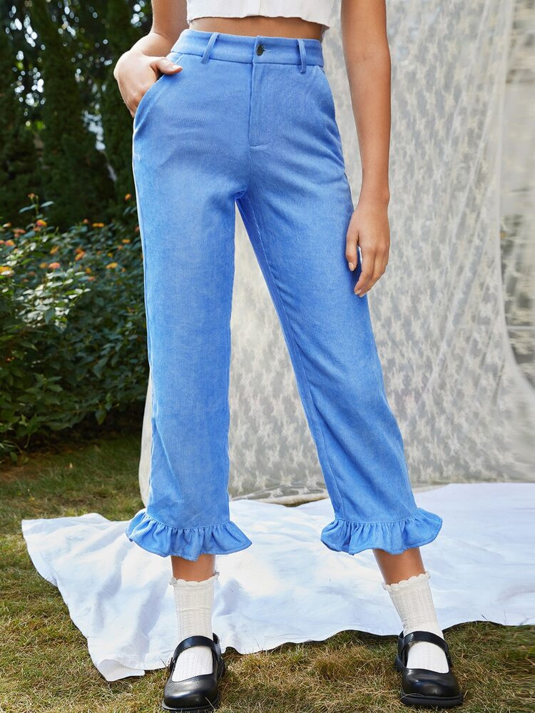 SHEIN Ruffle Hem Cord Capri Pants | SHEIN