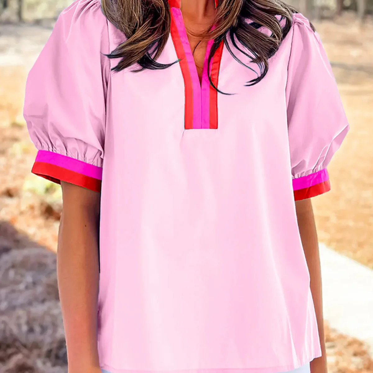 Contrast Trim Notched Short Sleeve Blouse | Charming Charlie