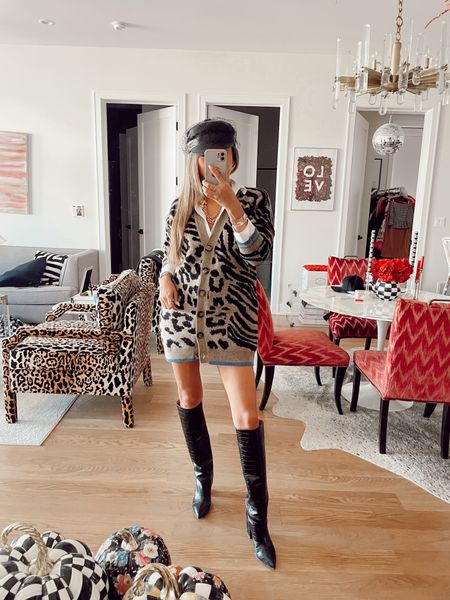 Fall style, fall outfit, fall sweater, leopard sweater dress, cardigan, revolve sweater, layered fall outfit, black knee high boots sweater steal. Size small 

#LTKSeasonal #LTKstyletip #LTKunder100
