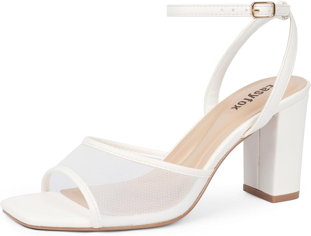 Open Toe Chunky Heel Sandals for Women Ankle Strap 3 Inch High Heels Dress Wedding Block Shoes | Amazon (US)