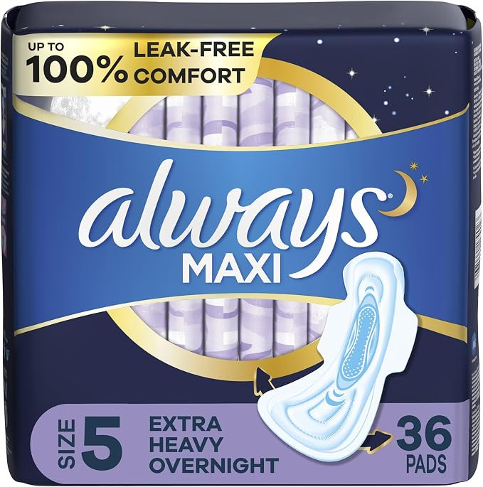 Always, Maxi Pads For Women, Size 5, Extra Heavy Overnight Absorbency With Wings, 36 Count | Amazon (CA)