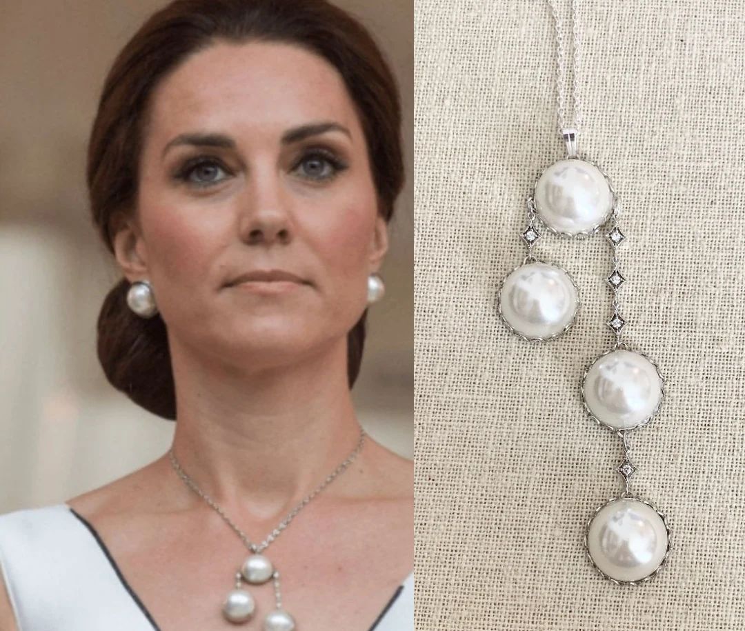 Kate Middleton White Pearl Silver Lace Setting Cubic Zirconia Dangle Diamond Lariat Bridal Brides... | Etsy (US)