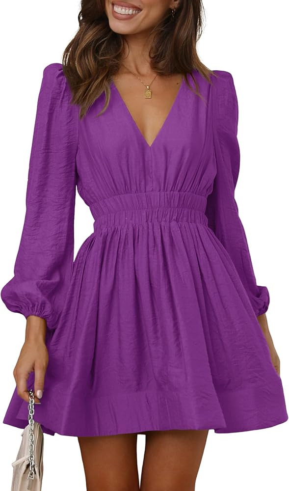 BWQ Women Mini Dress Long Sleeve Deep V Sexy Dress A-line Elastic High Waisted Flowy Dress | Amazon (US)
