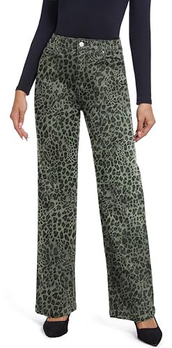 ETTELO Women's Jeans Straight Leg Casual High Waisted Stretch Trendy Leopard Pull On Jeans for Women | Amazon (US)